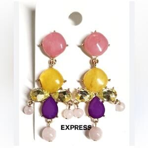 Express Pink Yellow Purple Dangle Drop Stone Glam Earrings NEW NWT